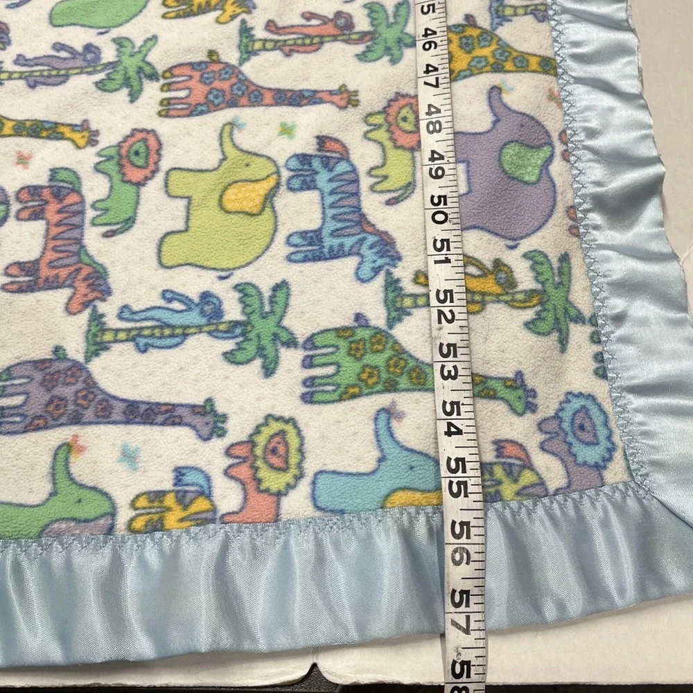 Vintage Blanket‎ Baby Boy Blue Animal Print Satin Trim Zoo Monkey Elephant Lion